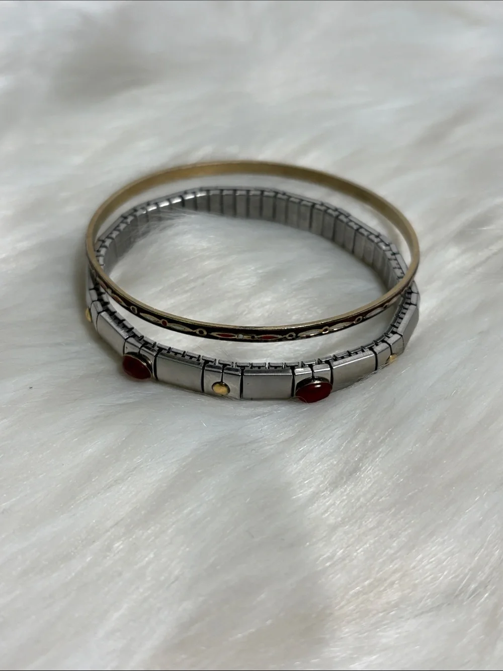 Set of 2 Silver Bracelets with Red Accent